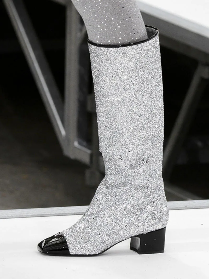 Spring Women Black Sliver Bling Sequins Black Patchwork Toe Knee High Boots Square Med-heels Glitter Knight Boots Lady
Spring Women Black Sliver Bling Sequins Black Patchwork Toe Knee High Boots Square Med-heels Glitter Knight Boots Lady