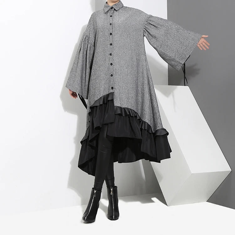 2020 Autumn Winter Women Plus Size Gray Shirt Dress Midi Long Sleeve Patchwork Thick Warm Ruffled Elegant Party Dress Style 3073 2020 Autumn Winter Women Plus Size Gray Shirt Dress Midi Long Sleeve Patchwork Thick Warm Ruffled Elegant Party Dress Style 3073