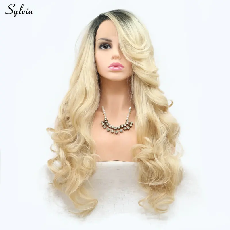 

Sylvia Blonde Wig Ombre Dark Roots Two Tone Heat Resistant Long Synthetic Hair Handmade Lace Front Wigs for Women Girls Wavy Wig
