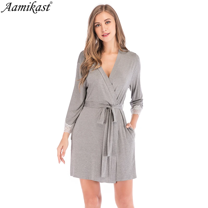 

Aamikast Modal Lace Womens Robe 3/4 Sleeve Solid Loose V Neck Self Belt Bathrobe Night Sexy Robes Night Grow Kimono Robe Pajama