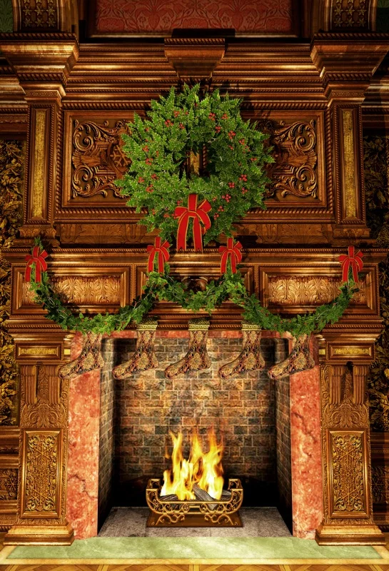 

Laeacco Photography Backdrops Old Vintage Fireplace Brick Sock Christmas Pine Baby Child Scene Background Photocall Photo Studio