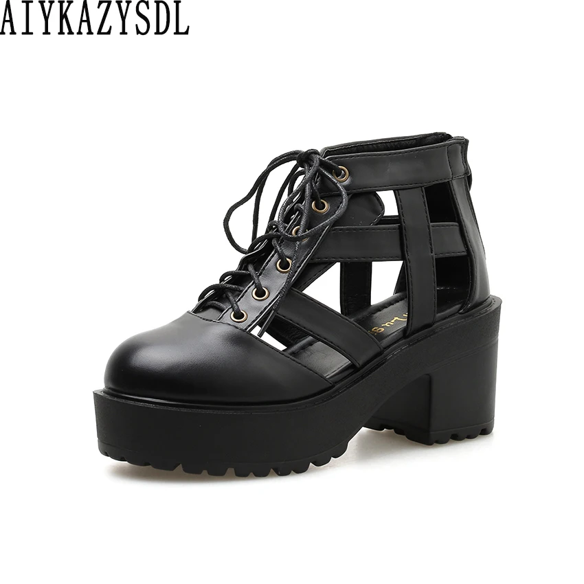 

AIYKAZYSDL Women Cut Out Hollow Sandals Rome Gladiator Ankle Boots Lace Up Preppy Style Shoes Platform Chunky Block High Heels