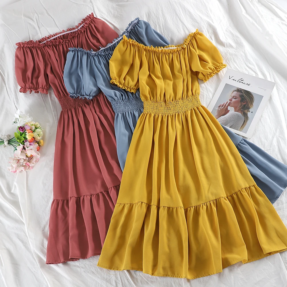 Elegant Women Summer Slash Neck Flare Puff Sleeve Ruffles Dress Casual Elastic Slim High Waist Chiffon Pullover Midi Cake Dress
Elegant Women Summer Slash Neck Flare Puff Sleeve Ruffles Dress Casual Elastic Slim High Waist Chiffon Pullover Midi Cake Dress