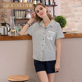 Qianxiu Women's Summer Stripe Pajama Set Lapel Short Sleeve Pure Cotton Pyjamas Women Cardigan Letter Printing Pyjama Femme
Qianxiu Women's Summer Stripe Pajama Set Lapel Short Sleeve Pure Cotton Pyjamas Women Cardigan Letter Printing Pyjama Femme