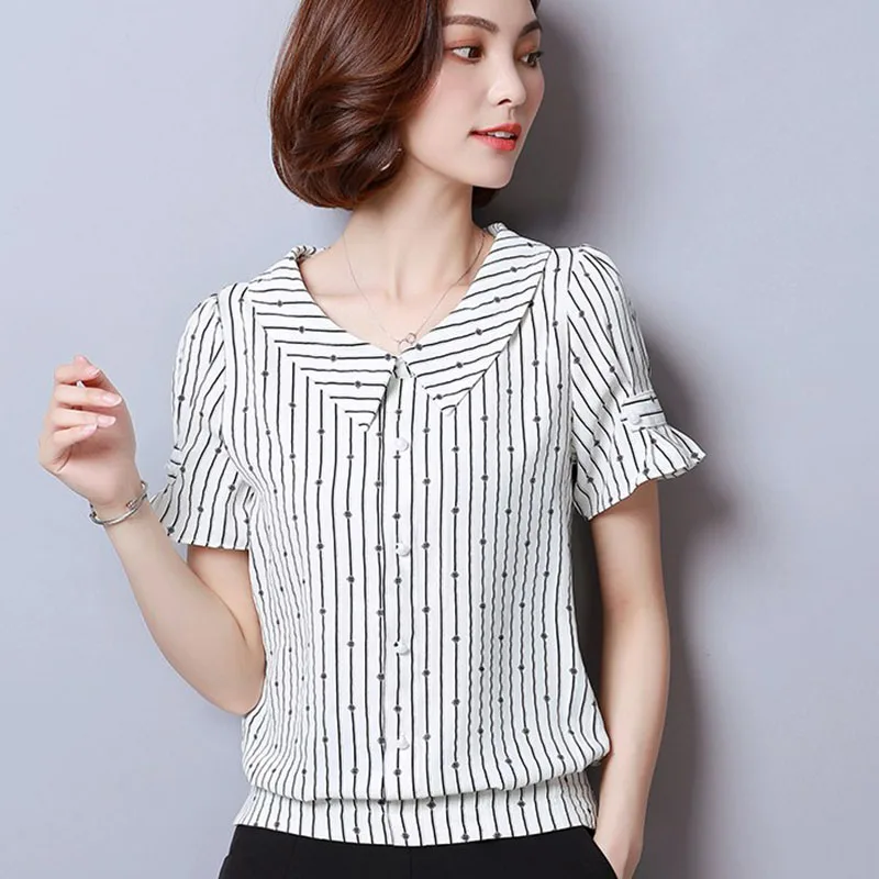 Women Spring Summer Style Chiffon Blouses Shirts Lady Casual Short Sleeve Peter pan Collar Striped Bluasa Tops DF2403
Women Spring Summer Style Chiffon Blouses Shirts Lady Casual Short Sleeve Peter pan Collar Striped Bluasa Tops DF2403