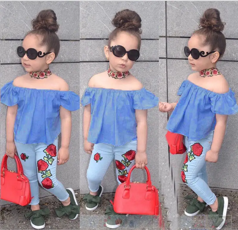 New European and American Summer Fashion Girls Suit Cowboy Pants One-Shoulder Rose Printed Shirt Two-piece Set
New European and American Summer Fashion Girls Suit Cowboy Pants One-Shoulder Rose Printed Shirt Two-piece Set