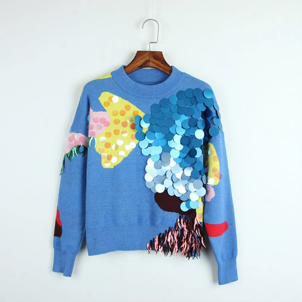 New Runway 2019 Autumn Women's Sweaters Luxury Sequined Patchwork Basic Knitted Female Loose Jumper Casual Sweater High Quality | Женская