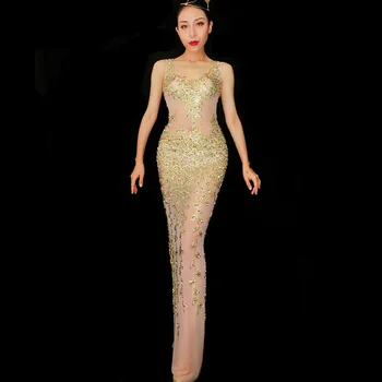 Gold Rhinestones Sexy Perspective Long Dress Sparkly Crystals One-piece Costume Female Singer Birthday Party Celebrate Outfit
Gold Rhinestones Sexy Perspective Long Dress Sparkly Crystals One-piece Costume Female Singer Birthday Party Celebrate Outfit