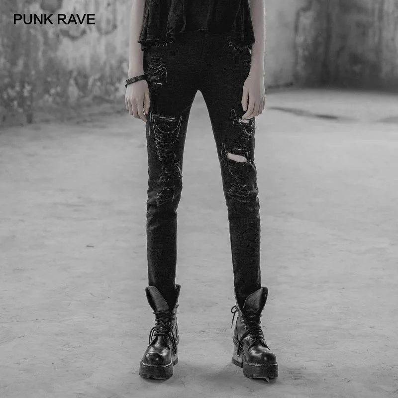 PUNK RAVE New Gothic Women's Personality Broken Hole Jeans Black Trousers with Distressed Slashed Details Holiday Women Pants
PUNK RAVE New Gothic Women's Personality Broken Hole Jeans Black Trousers with Distressed Slashed Details Holiday Women Pants