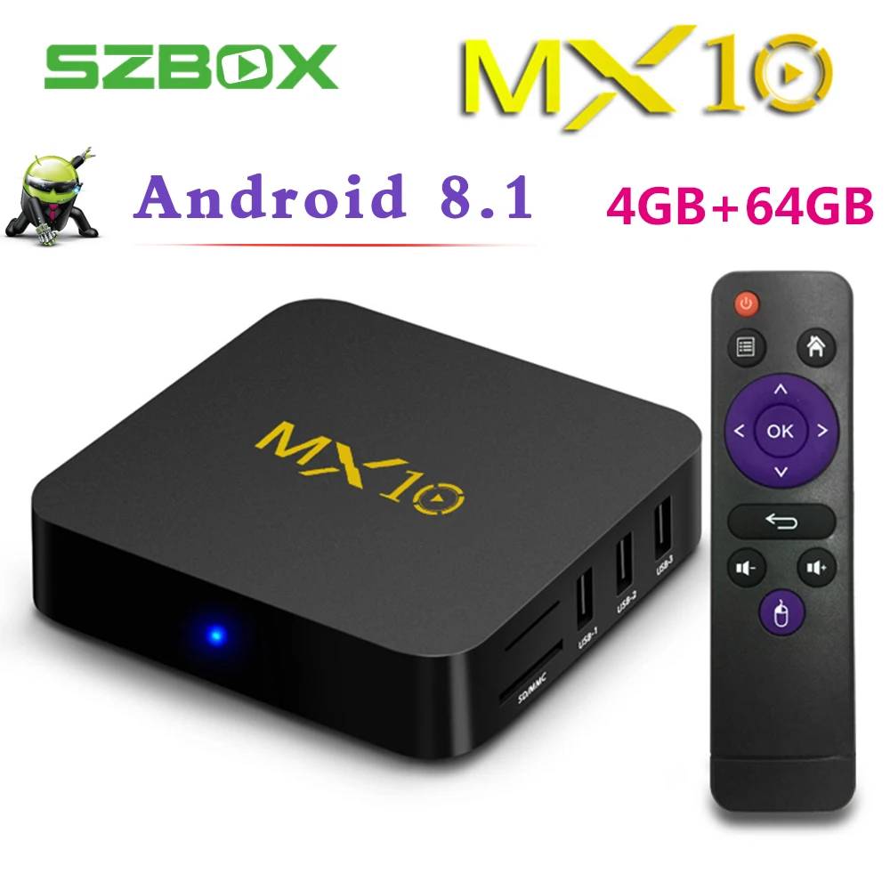 

Android 8.1 TV Box MX10 4GB/64GB RK3328 Quad-Core 2.4G WiFi 100M LAN VP9 H.265 HDR10 4K USB 3.0 Smart Media Player mx10
