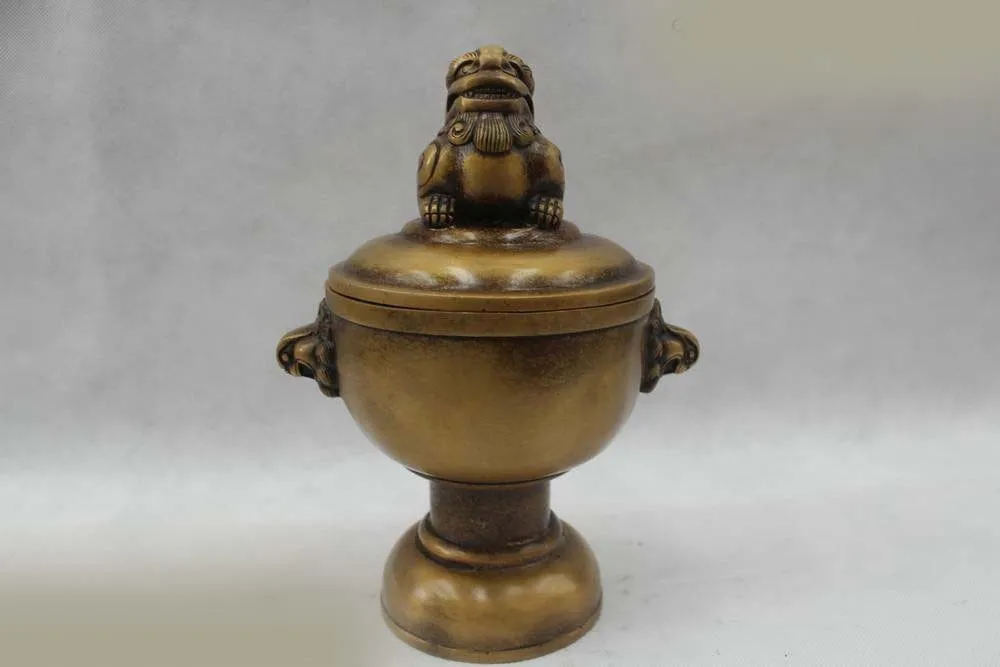 DS 10"China Folk Pure Bronze Lucky Lion Beautiful Burner incense burner Statue