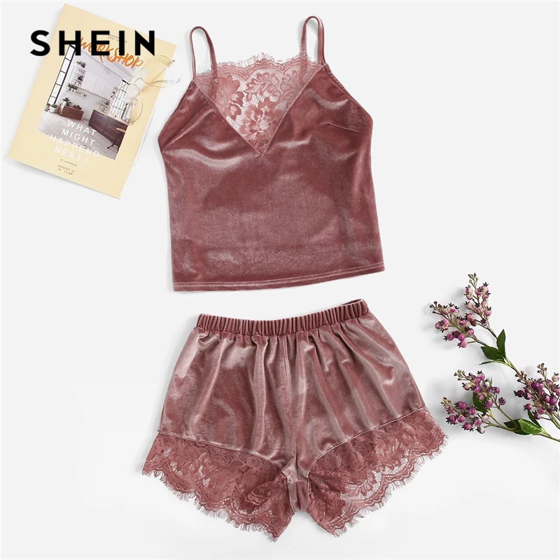 SHEIN Pink Lace Insert Velvet Sleeveless Cami Top and Shorts PJ Set Sleepwear Women Summer Casual Solid Nightwear Pajama Sets
SHEIN Pink Lace Insert Velvet Sleeveless Cami Top and Shorts PJ Set Sleepwear Women Summer Casual Solid Nightwear Pajama Sets