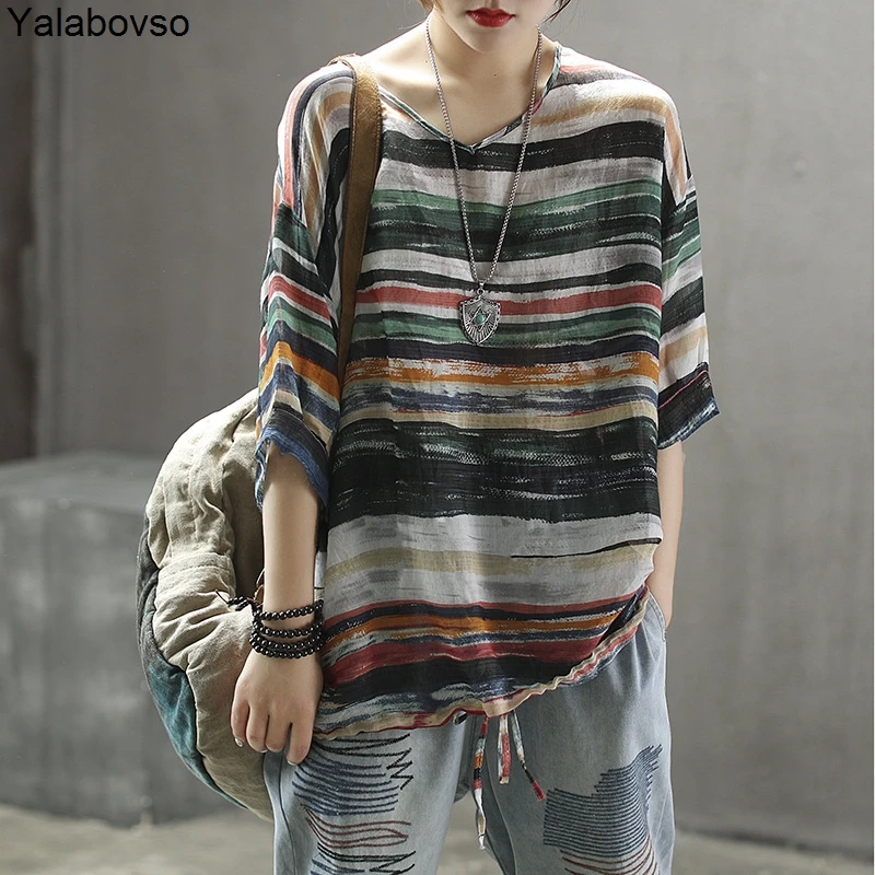 Linen Strip T shirts for woman Soft Thin O neck Tees female Summer T shirts ladies Loose Irregular Casual Shirts A0B2Z40
Linen Strip T shirts for woman Soft Thin O neck Tees female Summer T shirts ladies Loose Irregular Casual Shirts A0B2Z40