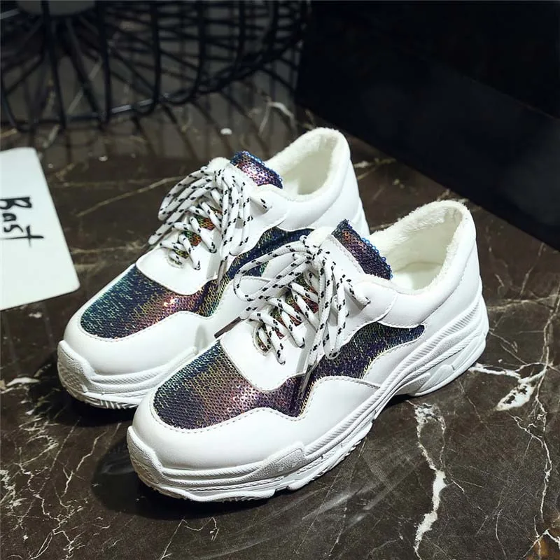 Brand 2018 Lady Platform Shoes Lace Up Black White Sneakers Women Winter Mesh Shoes For Women Flats Creepers Short Plush Inside (12)