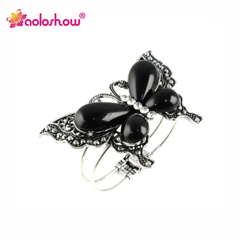 

AOLOSHOW Oversized Exagarate Butterfly Cuff Bangles Women with Black Stone Rhinestone Embellished Jewelry Cuff Bangles BR-1200