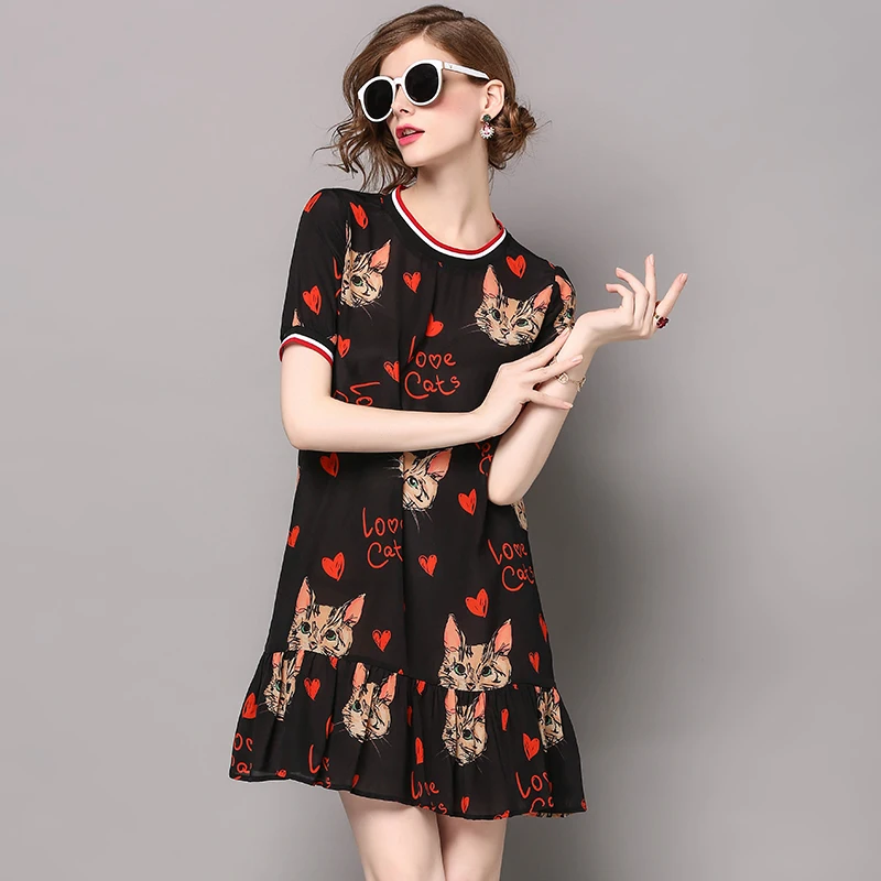 Image Short sleeves women s dress New thread leader print short paragraph dress Formal work dress Goth Colorful Black cat head