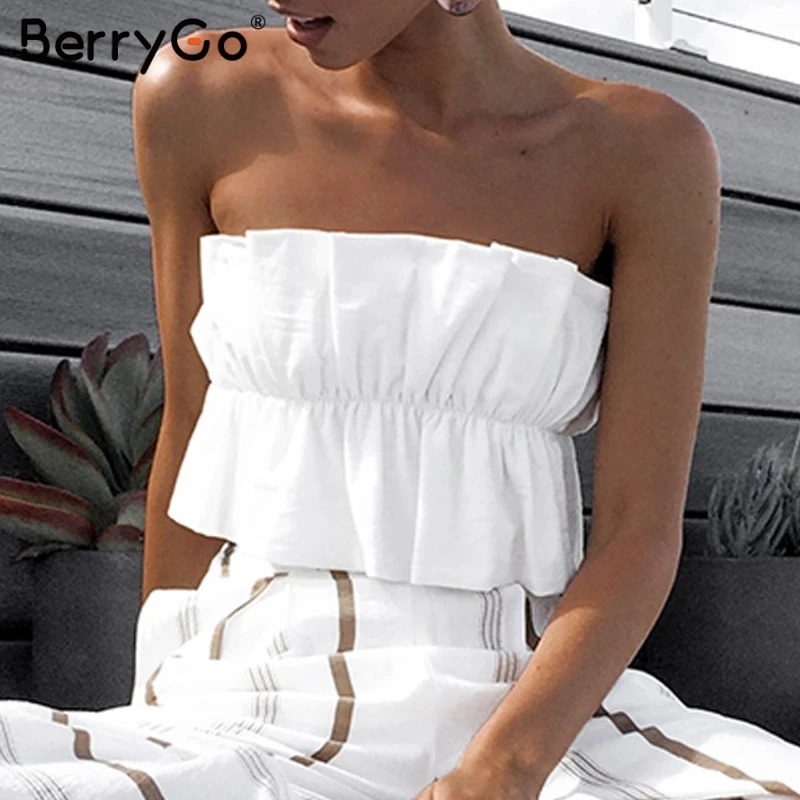 

BerryGo Sexy women crop topruffle strapless Summer pleated lace up white women short tank top Vintage party ladies camis