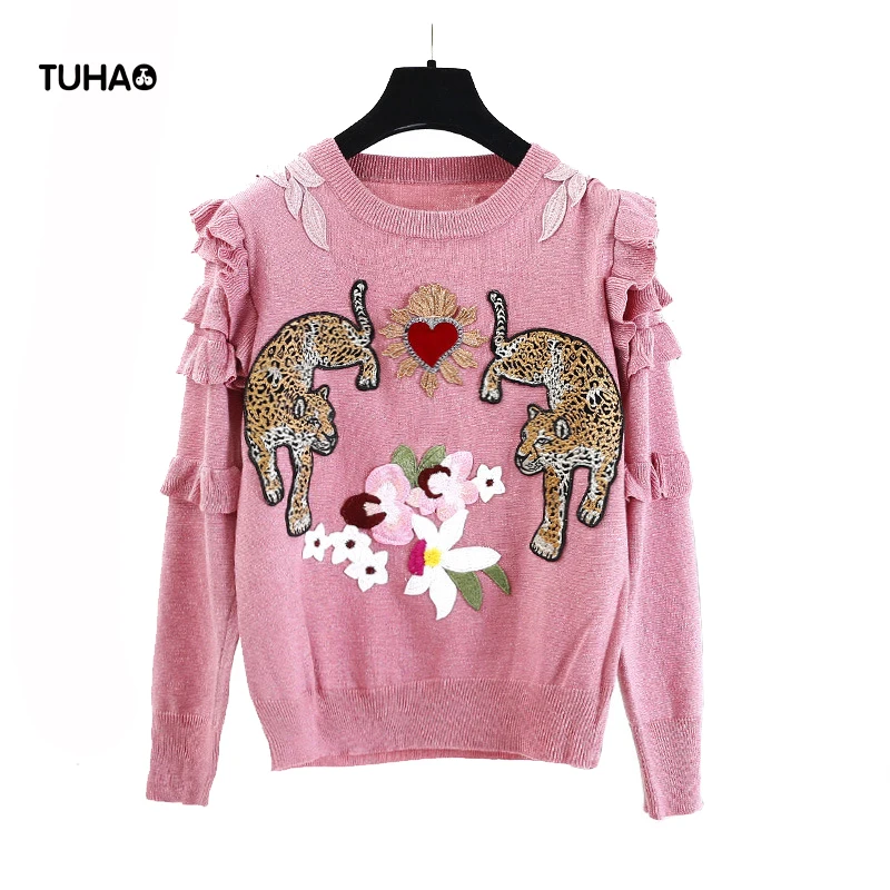 2019 Autumn Spring Flowers Leopard Embroidery Sweater Women Tops Ruffles Long Sleeve Pink Pullover Knitwear Office Lady TS8240
2019 Autumn Spring Flowers Leopard Embroidery Sweater Women Tops Ruffles Long Sleeve Pink Pullover Knitwear Office Lady TS8240