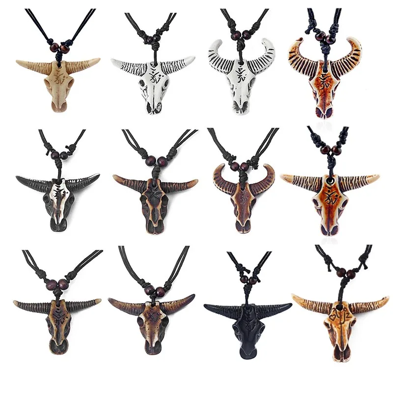 

1pcs Punk Style Faux Yak Bone Bull/OX Head Skull Carved YoGa Pattern Pendant Necklace Women&Men Jewelry