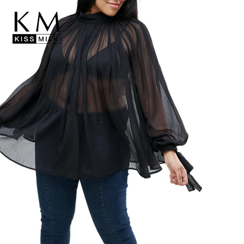 

Kissmilk Plus Size 2018 Women Sexy Black Tops Large Size Lantern Sleeve Blouse Over Size O-Neck Three Quarter Sleeve Blouse
