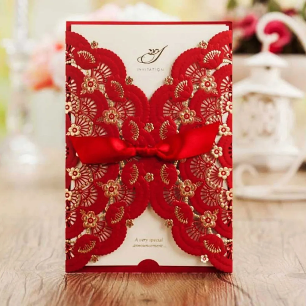 

100pcs/lot Laser Cut Wedding Invitations Free Print Birthday Card with Bowknot Convite Casamento Wedding Supplies CW5111