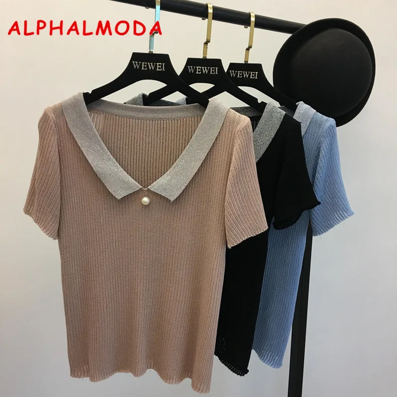 Женские летние свитера ALPHALMODA с коротким рукавом и жемчужной подвеской | Женская