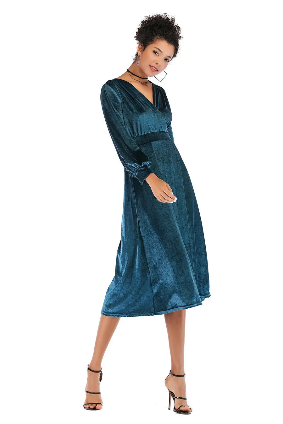 Gladiolus 2018 Autumn Winter Dress Women Long Sleeve V-Neck Tunic Swing Midi Sexy Gold Velvet Dress Women Evening Party Dresses (22)
