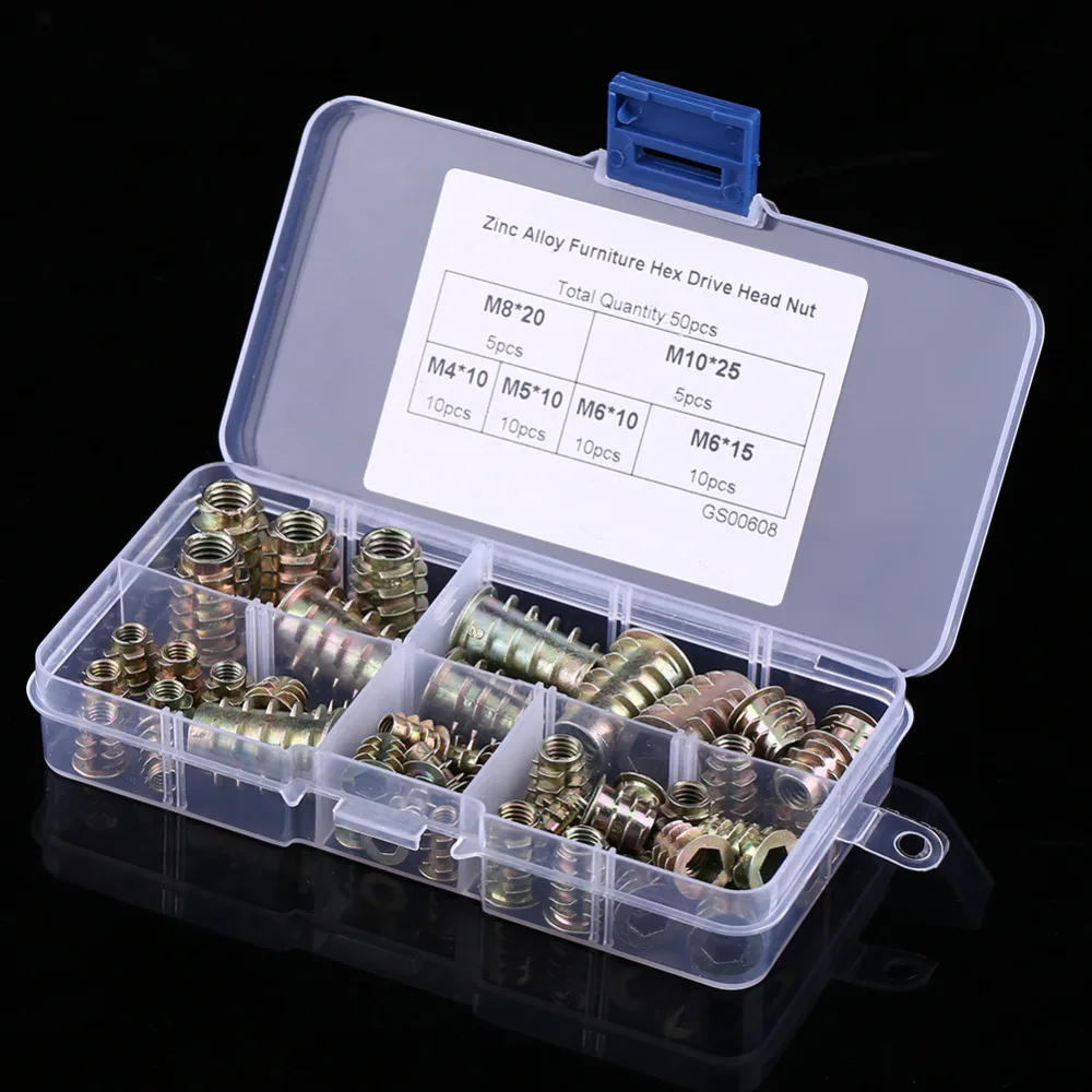 New 50pcs/box Zinc Alloy Screw-in Type Hex M5 M6 M8 M10 Drive Threaded Insert Screws Nuts Kit Fastener Hardware
New 50pcs/box Zinc Alloy Screw-in Type Hex M5 M6 M8 M10 Drive Threaded Insert Screws Nuts Kit Fastener Hardware
