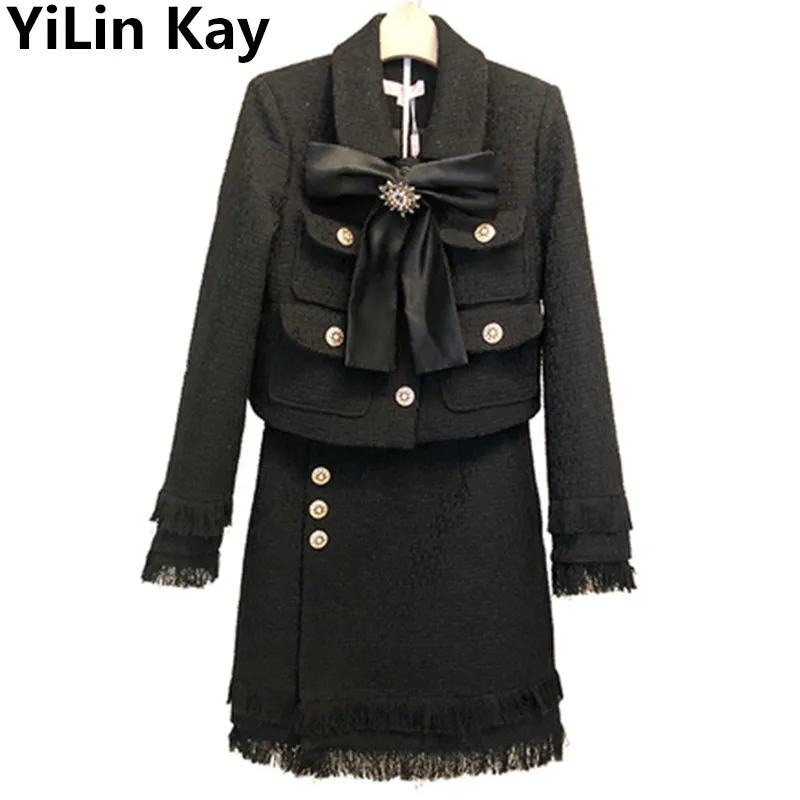 Женский твидовый комплект YiLin Kay черный шерстяной из двух предметов белая куртка