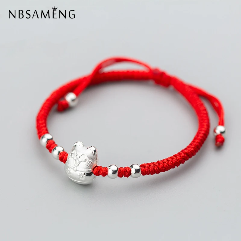 Фото NBSAMENG 925 пробы серебро повезло кошка бисер красный канат браслет для Для женщин