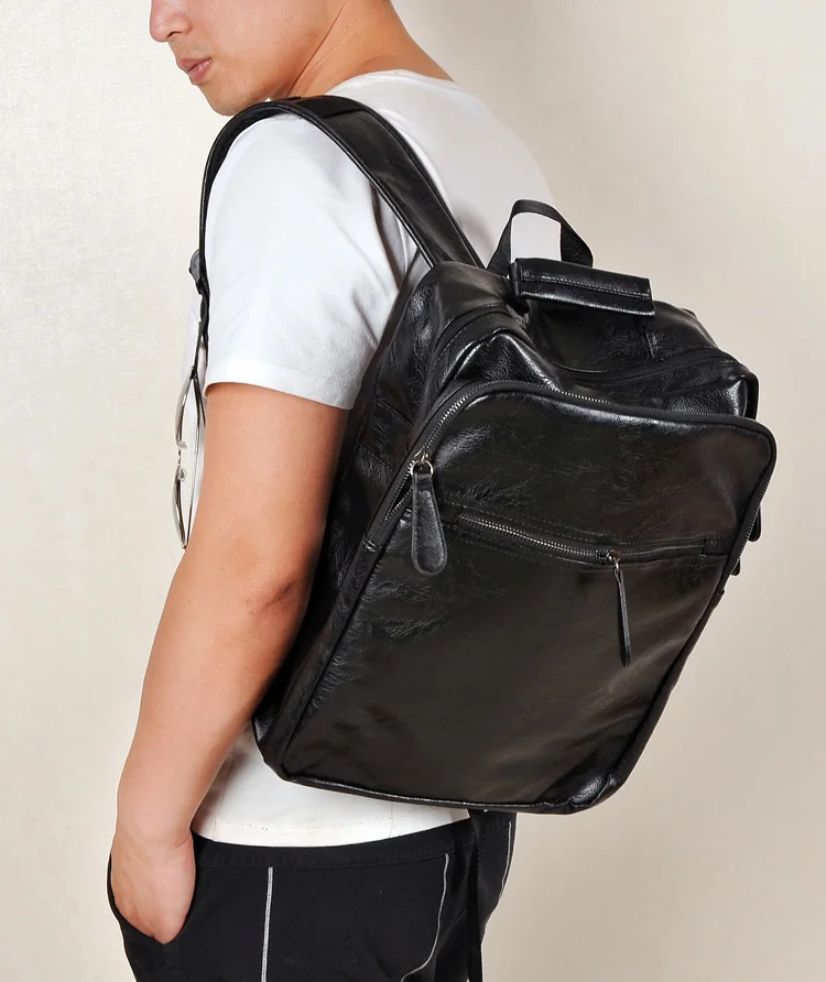 AHRI Men Business Casual Backpacks for School Travel Bag Black PU Leather Men's Fashion Shoulder Bags Vintage Boys Men Backpack 27