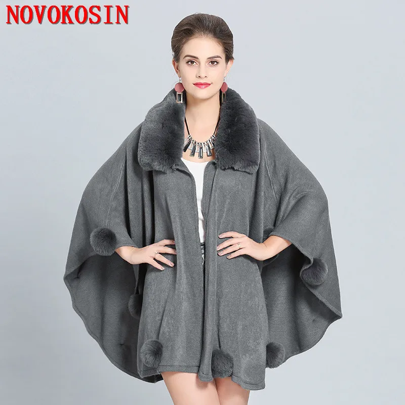 2018 Solid Black Big Cloak Grey Faux Fox Fur Neck Plus Size Shawl Women Fur Ball Long Knitted Cardigan Winter Warm Thick Poncho
2018 Solid Black Big Cloak Grey Faux Fox Fur Neck Plus Size Shawl Women Fur Ball Long Knitted Cardigan Winter Warm Thick Poncho