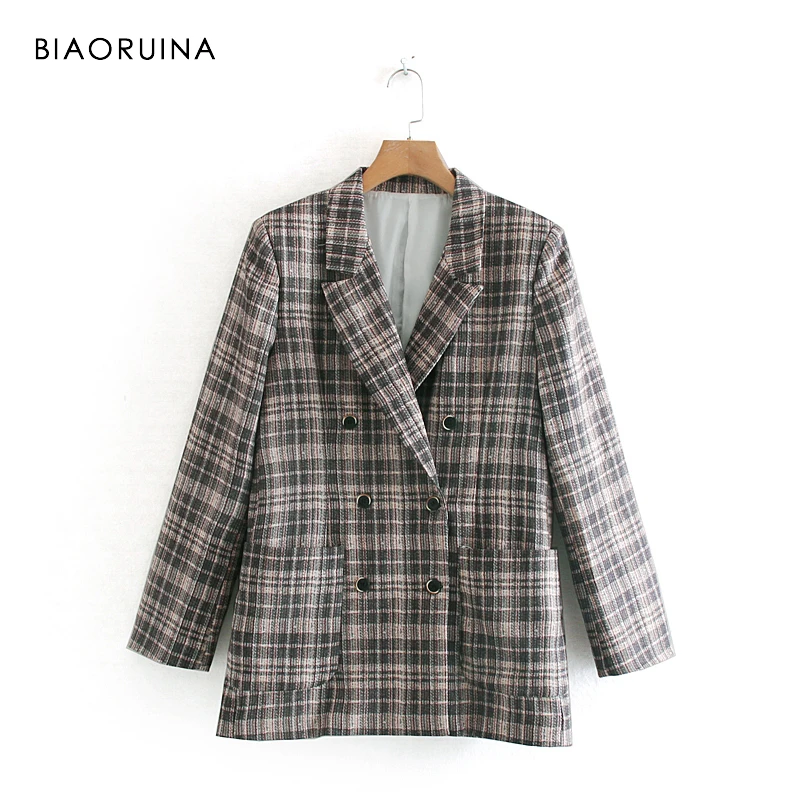BIAORUINA Women's England Style Plaid Double Breasted Blazer Coat Pockets Office Lady Fashion Notched Collar Blazer Outerwear
BIAORUINA Women's England Style Plaid Double Breasted Blazer Coat Pockets Office Lady Fashion Notched Collar Blazer Outerwear