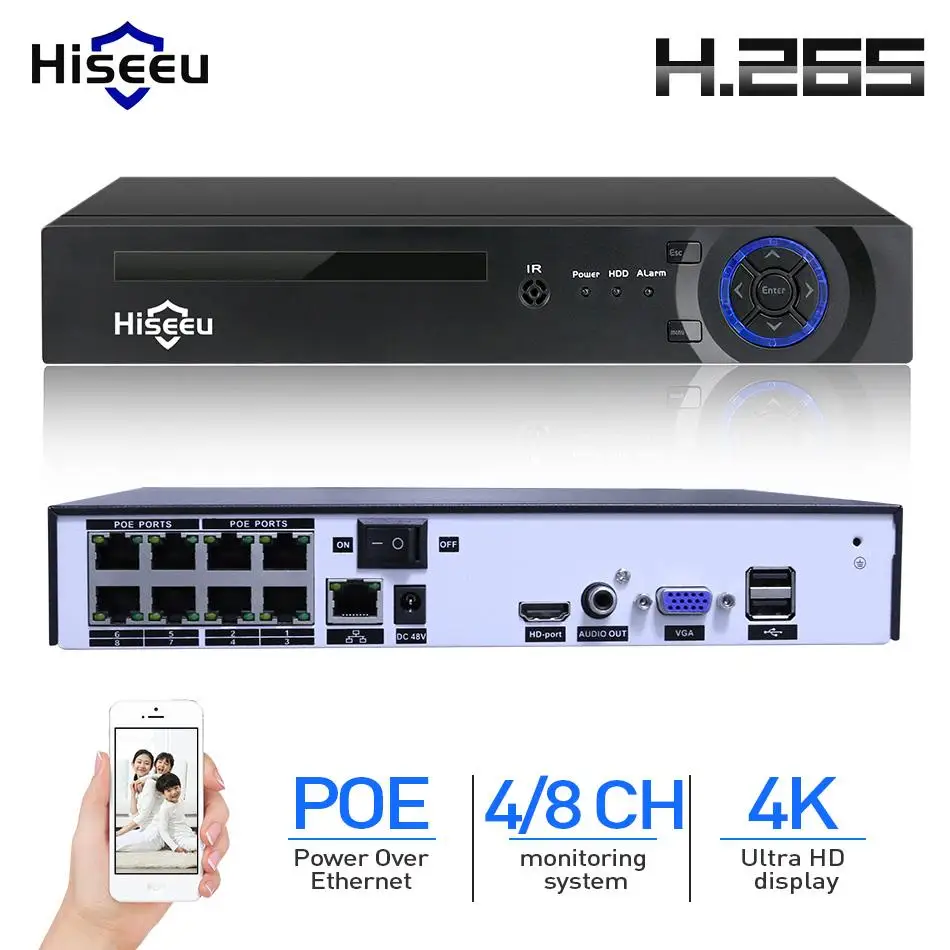 Hiseeu H.265 H.264 4/8CH POE NVR Security IP Camera video Surveillance CCTV System P2P ONVIF 2MP/5MP/ 4K Network Video Recorder