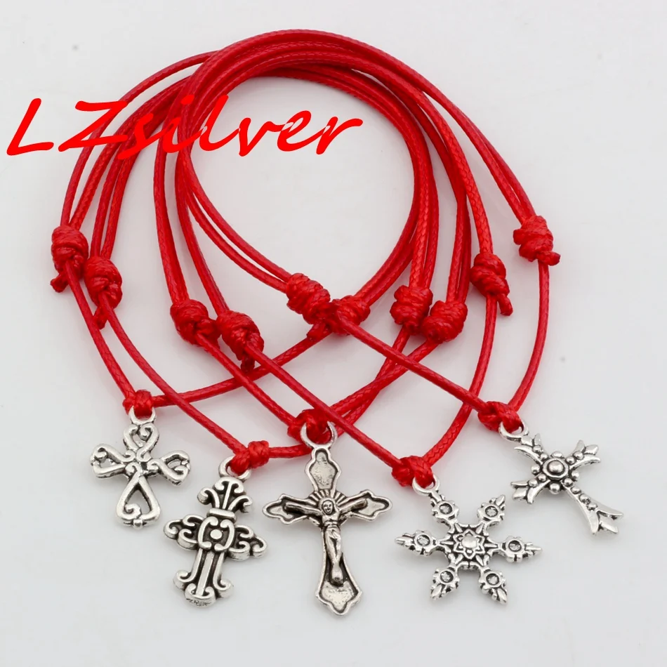 Hot 5pcs Antique Silver Mixed Jesus Christ Crosses Charm Red Waxes