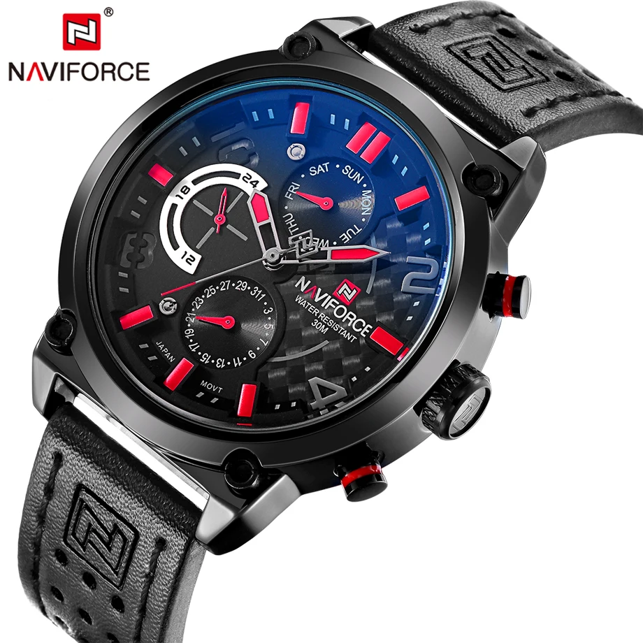 NAVIFORCE люксовый бренд кожаные Аналоговые кварцевые наручные часы функциональные
