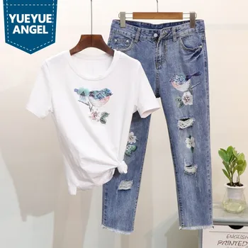 European Style Womens Spring Sequined Printing Bird Short Sleeve T-shirt + Fashion Frayed Calf Length Jeans Femme White T-shirt
European Style Womens Spring Sequined Printing Bird Short Sleeve T-shirt + Fashion Frayed Calf Length Jeans Femme White T-shirt