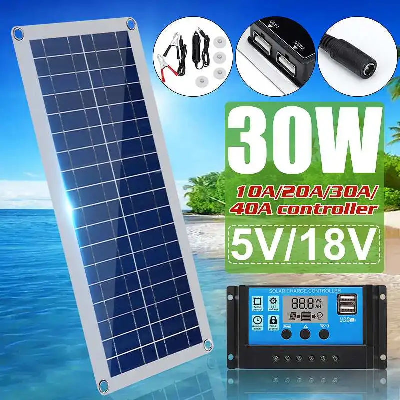 30W Solar Panel Dual USB 5V/18V with Car Charger + 10/20/30/40A USB Solar Charger Controller for Outdoor Camping LED Light
30W Solar Panel Dual USB 5V/18V with Car Charger + 10/20/30/40A USB Solar Charger Controller for Outdoor Camping LED Light