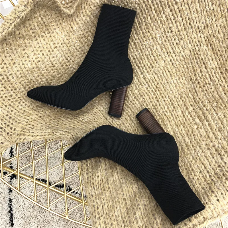 Free Shipping fashion women boots black suede real leather STRETCH high heels ankle sock boots martin boots