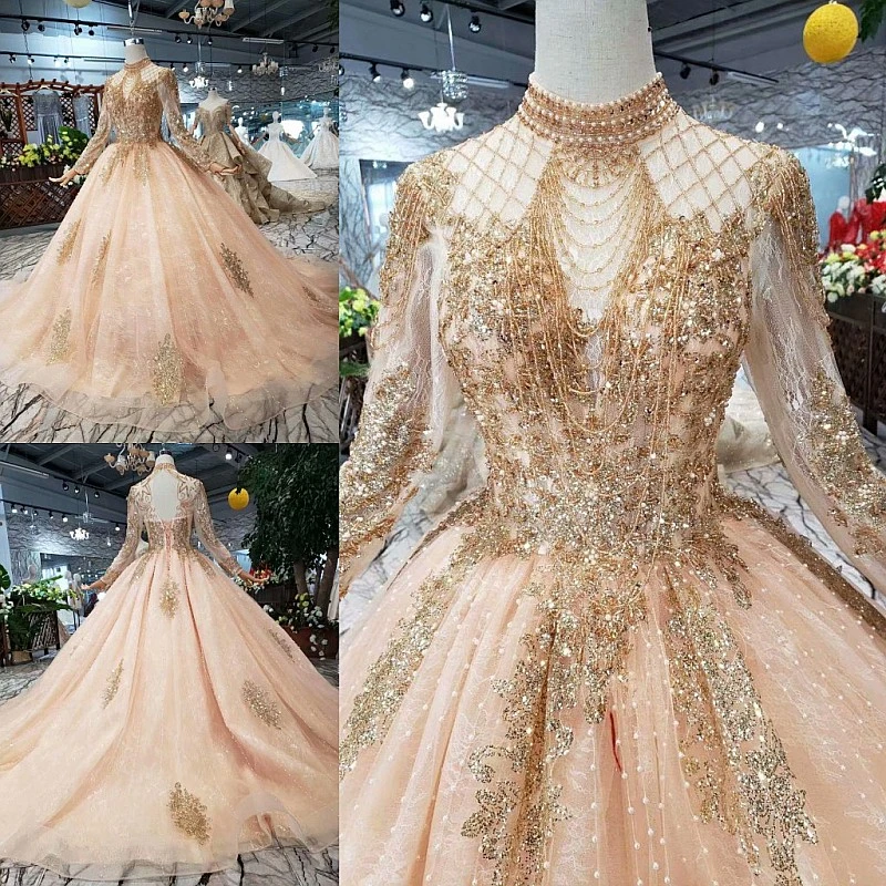 Vintage Champagne with gold High Neck Long Sleeve Wedding Dresses Sweep Train Lace Applique Tassel Bridal Gowns Cheap
Vintage Champagne with gold High Neck Long Sleeve Wedding Dresses Sweep Train Lace Applique Tassel Bridal Gowns Cheap