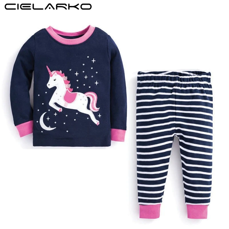 Cielarko Kids Girls Pajamas Sets Long Sleeve Tops + Pants Unicorn Cartoon Children Sleepwear Spring Cotton Nightwear Clothing | Детская