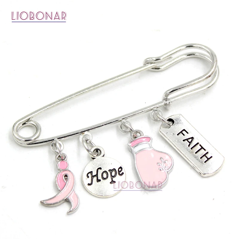 

1PC Breast Cancer Awareness Brooch Pin Hope Faith Breast Cancer Pink Ribbon Pin Brooch Safety Pins for Compaign