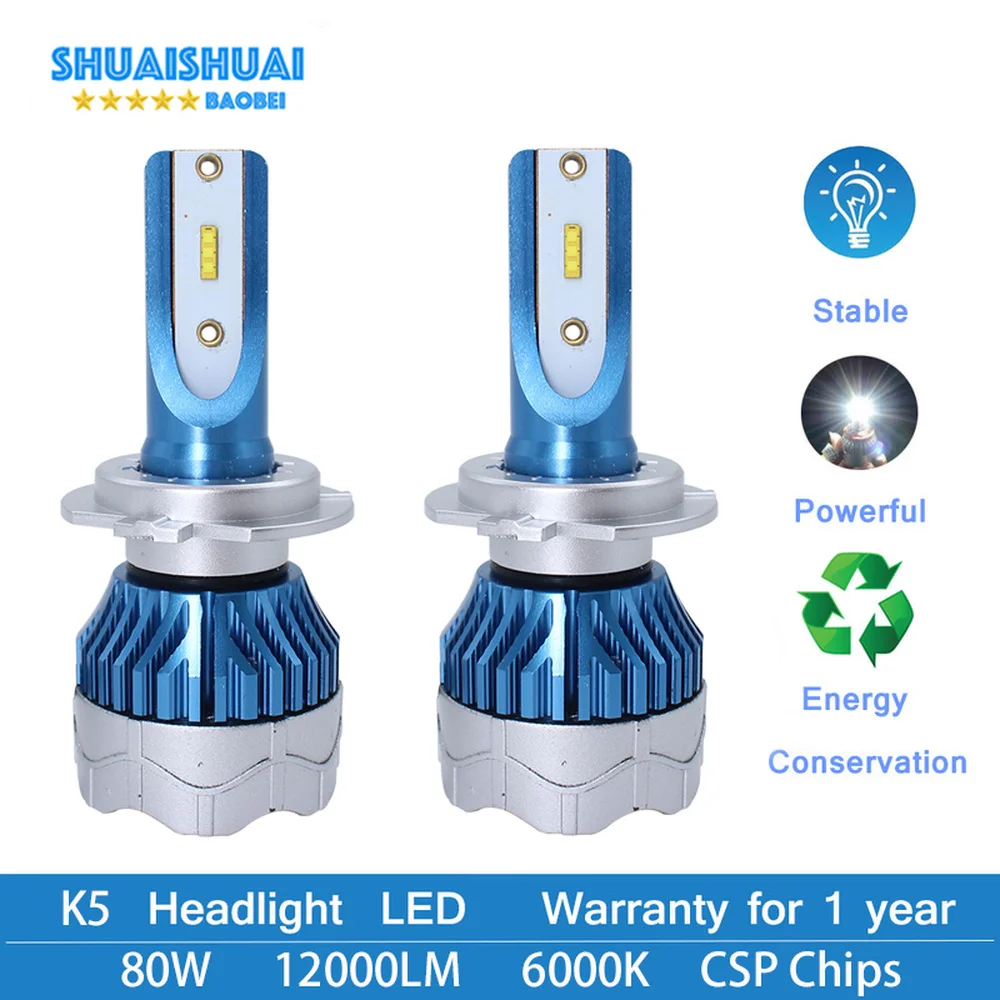 

2 Pcs Car LED Headlight Kit H4 H7 led 9006 9005 H1 H3 H11 80W 6000K 12000LM CSP Chips Bright Headlight Bulbs Lamp K5 2019 Newest