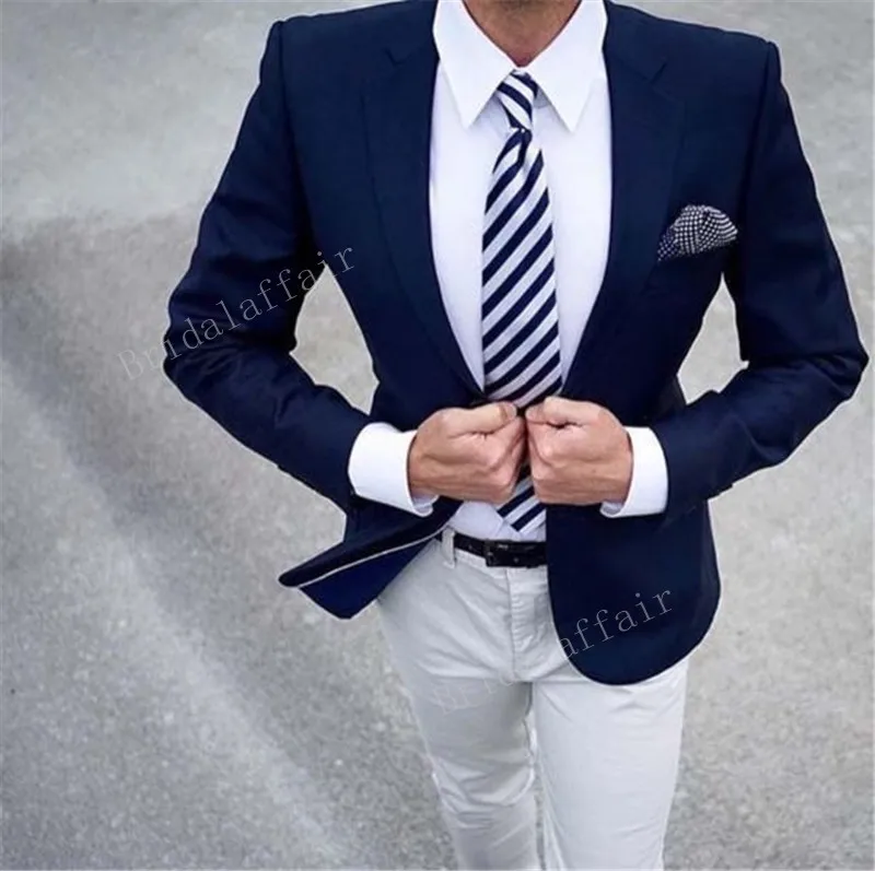 Gwenhwyfar Custom Made Navy Blue Blazer White Pants Men's Wedding Groom Prom Business 2 Piece Suit Slim fit Tuxedo Jacket | Мужская