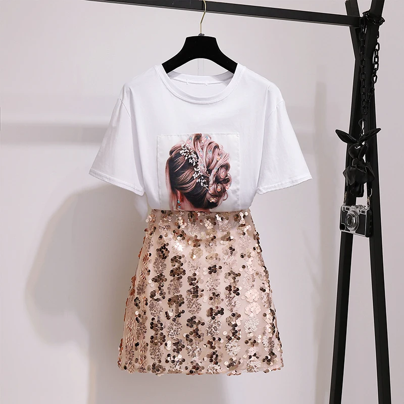Women 2019 Summer Fashion Character Print Sequins Cotton T-Shirt + High Waist Zipper Sequined Overlap Mini Pencil Skirt Suit
Women 2019 Summer Fashion Character Print Sequins Cotton T-Shirt + High Waist Zipper Sequined Overlap Mini Pencil Skirt Suit