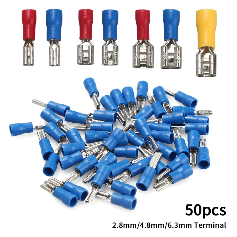 50Pcs Female Red/Blue/Yellow 2.8mm/4.8mm/6.3mm Insulated Spade Wire Connector Electrical Crimp Terminal
50Pcs Female Red/Blue/Yellow 2.8mm/4.8mm/6.3mm Insulated Spade Wire Connector Electrical Crimp Terminal