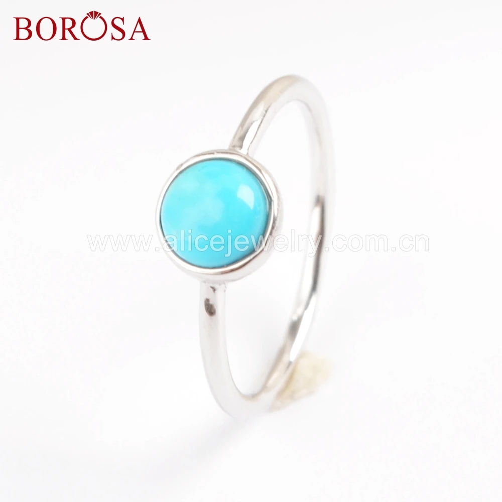 

BOROSA Elegant 92.5% Pure Silver Round Natural Turquoises Ring Natural Blue Howlites Silver Rings Jewelry gift for ladies SS199