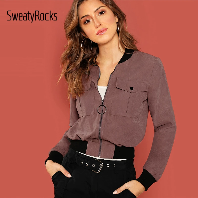 

SweatyRocks Burgundy Zip Up Flap Pocket Bomber Jacket Stand Collar Streetwear Cool Girl Crop Tops Autumn Women Coat And Jackets