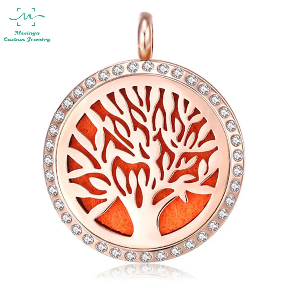 

316L S.Steel PVD Rose Gold Tree Of Life Aromatherapy Essential Oils Perfume Diffuser pendant Necklace W/O Chain