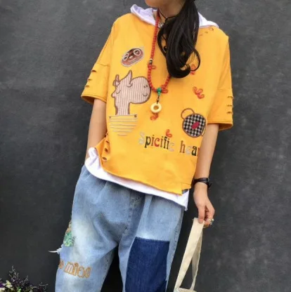 Spring Summer T-shirt Retro Women Loose Casual Pullovers New Tops O-Neck Short Sleeve Embroidery hole Ladies Streetwear T-shirt
Spring Summer T-shirt Retro Women Loose Casual Pullovers New Tops O-Neck Short Sleeve Embroidery hole Ladies Streetwear T-shirt